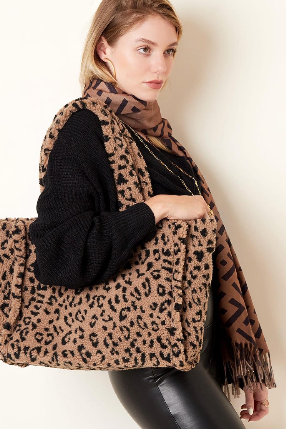 Tote de borreguito de leopardo Beige Poliéster Imagen2
